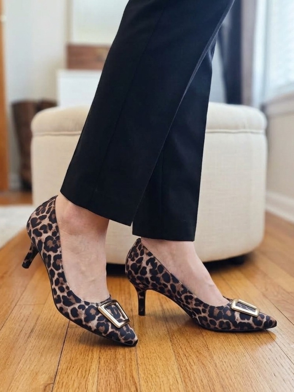 Kelly & Katie Leopard Print Pointed Kitten Heel Pumps - Brown/Black